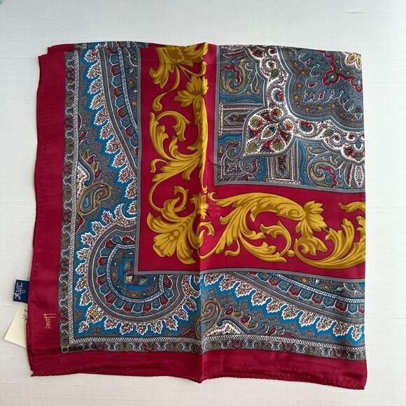 Honey NWT Silk Scarf 30x30 Baroque Gold Red Blue - Picture 6 of 10